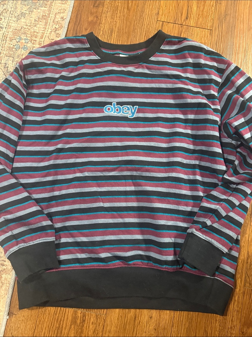 Obey Striped Crew Sweatshirt - Black, Teal & Maroon